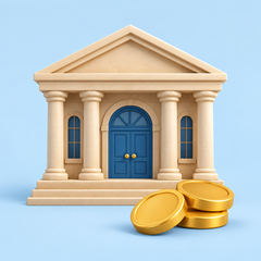Illustration of a generic bank building with a blue doorway and three gold coins