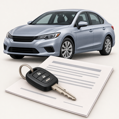 Illustration of a car key and vehicle-financing document beside a sedan