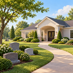 Illustration of a generic funeral home and landscaped memorial garden