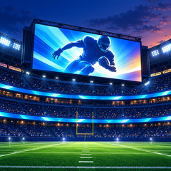 Illustration of a giant stadium video board and glowing LED ribbon displays