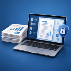Illustration of a laptop, financial reports and a padlock for regulatory and deal-document software
