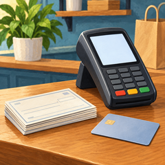 Illustration of a payment terminal, blank card and paper checks