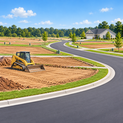 Illustration of prepared residential building lots and a loader