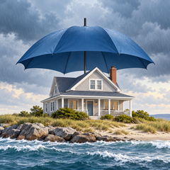 Residential property insurance illustration with a coastal house under an umbrella