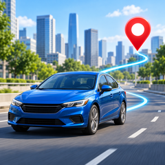 Illustration of a vehicle-tracking location pin above a blue car