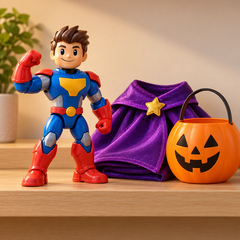 Illustration of a generic toy action figure, costume cape and pumpkin bucket