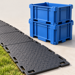 Illustration of blue industrial containers beside interlocking ground-protection mats