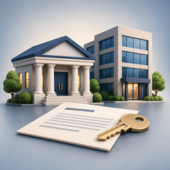 Illustration of a bank, commercial building and loan document