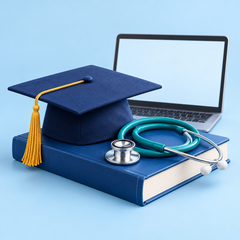 Illustration of a graduation cap, stethoscope, textbook and laptop for healthcare education