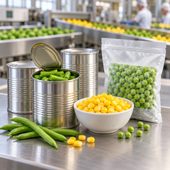Illustration of canned green beans, sweet corn and frozen peas